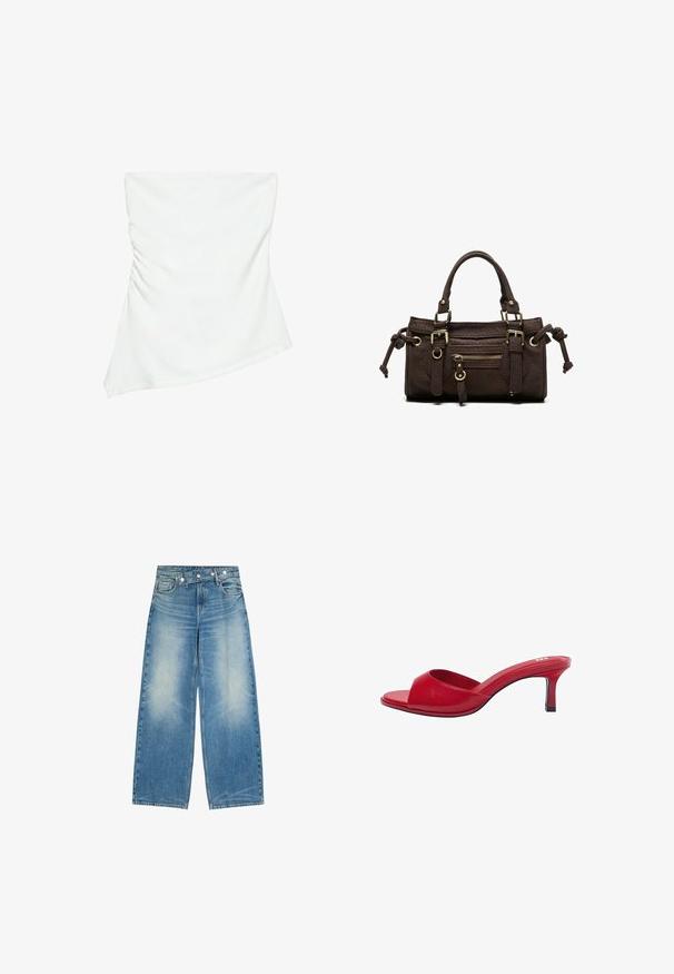 Haut blanc asymétrique sans bretelles avec un léger détail froncé sur un côté, style ajusté, design épuré et minimaliste.; Jean en denim bleu à jambes larges avec devant délavé, poches avant et un détail unique de ceinture diagonale boutonnée.; Mule en cuir rouge à bout ouvert avec un talon bas incurvé et une large bride à l'avant pour un look élégant et stylé.; Sac à main en cuir marron foncé avec double poignée, poche avant zippée, boucles décoratives et nœuds latéraux sur fond blanc.