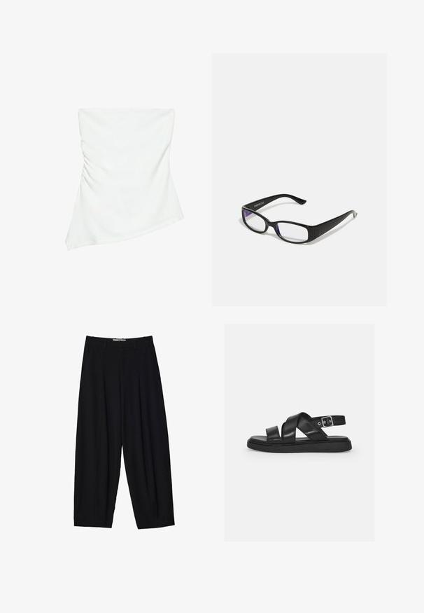 Weißes schulterfreies asymmetrisches Top mit leicht gerafften Details an einer Seite, figurbetonter Stil, sauberes und minimalistisches Design.; Schwarze weit geschnittene Hose aus leichtem Stoff, mit vorderen Falten, klassischem Bund und seitlichen Taschen. Angenehme Struktur.; Schwarze Ledersandalen mit überkreuzten Riemen, verstellbarem Knöchelriemen, flacher Sohle und minimalistischem Design. Glatte Textur mit matter Oberfläche.; Schwarze rechteckige Brille mit klaren Gläsern. Glänzende Oberfläche, schmale Bügel und lila Tönung an den Rändern der Gläser sichtbar.
