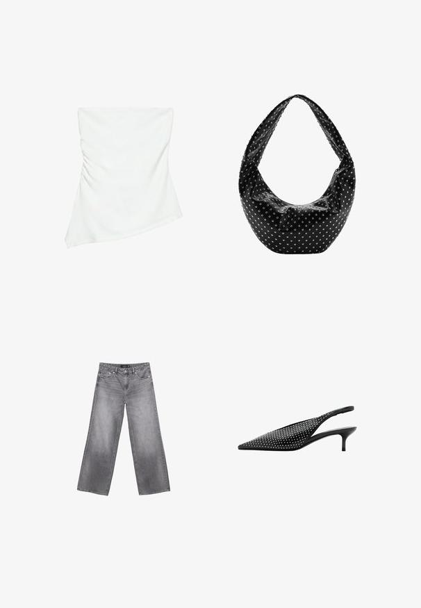 Haut blanc asymétrique sans bretelles avec un léger détail froncé sur un côté, style ajusté, design épuré et minimaliste.; Jean en denim gris à jambes larges avec poches avant, passants de ceinture et fermeture à boutons, présenté à plat sur fond blanc.; Escarpin slingback noir à bout pointu avec petit talon kitten bas et ornements en clous argentés recouvrant la tige.; Sac à main en cuir noir à la forme souple, orné de clous en argent et doté d'une large bandoulière. Texture lisse avec un design froncé.