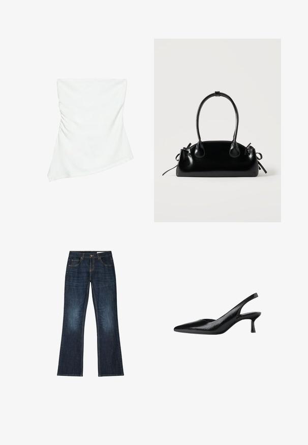 Hvid stropløs asymmetrisk top med let rynkedetalje på den ene side, figursyet stil, ren og minimalistisk design.; Mørkeblå denim jeans med lige ben, fem lommer og kontrastsyning på hvid baggrund.; Sorte slingback pumps med spids tå, lavet af tekstureret syntetisk materiale, med en slank hæl og et åbent sides_design.; Lille sort blank håndtaske med to lange håndtag og snøre-detaljer i siden på en ensfarvet lys baggrund.