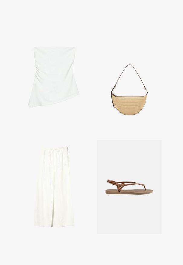 Haut blanc asymétrique sans bretelles avec un léger détail froncé sur un côté, style ajusté, design épuré et minimaliste.; Pantalon en lin blanc à jambes larges avec taille élastique et cordon de serrage, doté de poches latérales et d'une fente à l'avant.; Sandale plate avec semelle beige et lanières tressées métalliques couleur or rose, dotée d'une bride entre les orteils et d'une bride à la cheville pour un maintien sûr.; Sac à main tissé beige en forme de demi-lune avec une bandoulière unique en cuir marron réglable et une fermeture éclair sur le dessus.