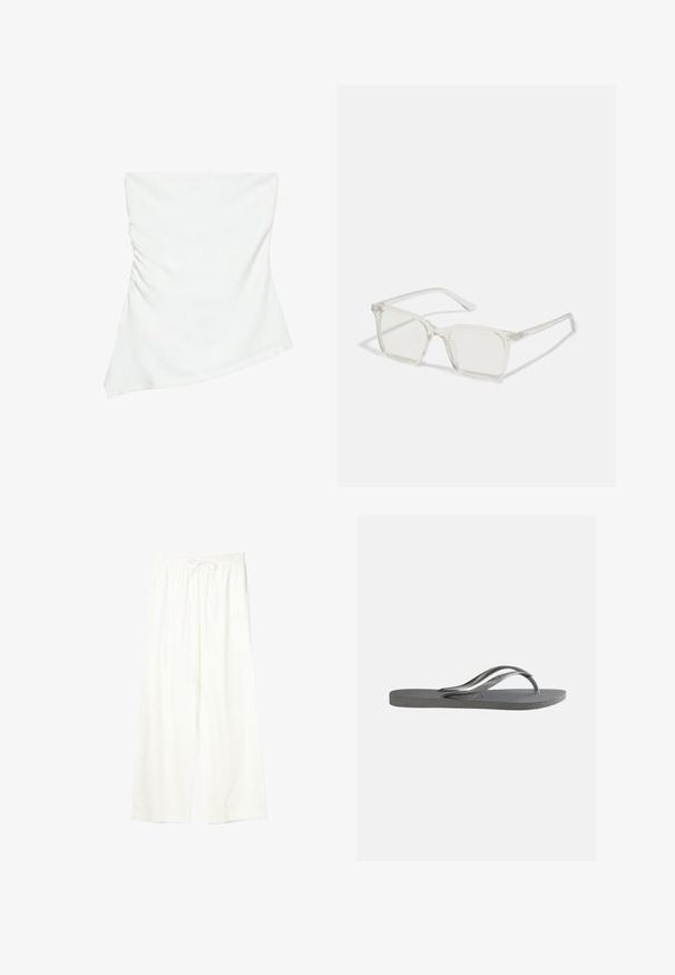 Weißes schulterfreies asymmetrisches Top mit leicht gerafften Details an einer Seite, figurbetonter Stil, sauberes und minimalistisches Design.; Weiße Hose mit weitem Bein, elastischem Bund und Kordelzug, aus leichtem Stoff.; Flache graue Flip-Flop-Sandale mit strukturiertem Fußbett und dünnen Y-förmigen Riemen, von der Seite vor einem schlichten hellen Hintergrund gezeigt.; Klare, quadratische Kunststoffbrillen mit durchsichtigen Gläsern, die goldene Akzente an den Bügeln für zusätzliche Details aufweisen.