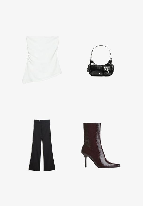 Haut blanc asymétrique sans bretelles avec un léger détail froncé sur un côté, style ajusté, design épuré et minimaliste.; Pantalon noir taille haute à jambes larges avec une taille à double bouton et une fermeture éclair frontale, présenté à plat sur un fond blanc.; Bottine bordeaux avec une finition brillante, bout pointu et fin talon haut. Son design épuré met en valeur une texture lisse et une silhouette élancée.; Sac à main en cuir verni noir avec une forme incurvée, une bandoulière, des poches avant et des accents en métal argenté.