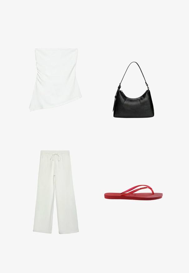 Haut blanc asymétrique sans bretelles avec un léger détail froncé sur un côté, style ajusté, design épuré et minimaliste.; Pantalons larges blancs en tissu doux. Dotés d'une taille élastique avec cordon de serrage et d'une texture lisse. Aucuns motifs visibles ni éléments en métal.; Tongs en caoutchouc rouge avec semelle texturée et fines brides brillantes sur fond blanc.; Sac à main noir en simili cuir avec une forme incurvée, poignée courte, fermeture éclair et un motif texturé subtil sur la surface.
