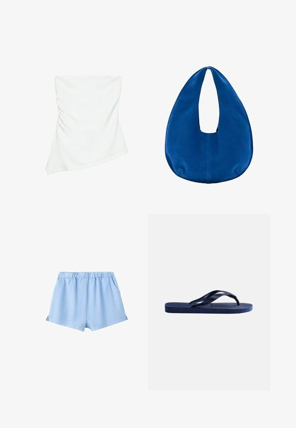 Hvid stropløs asymmetrisk top med let rynkedetalje på den ene side, figursyet stil, ren og minimalistisk design.; Lyseblå elastiske shorts med hvide lodrette striber og sidelommer.; Mørkeblå gummiflipflop med tekstureret sål og en Y-formet strop på en ensfarvet lys baggrund.; Blød blå stof hobo skuldertaske med en rundet, halvmåneformet form og en bred åbning til håndtaget i toppen midt på.