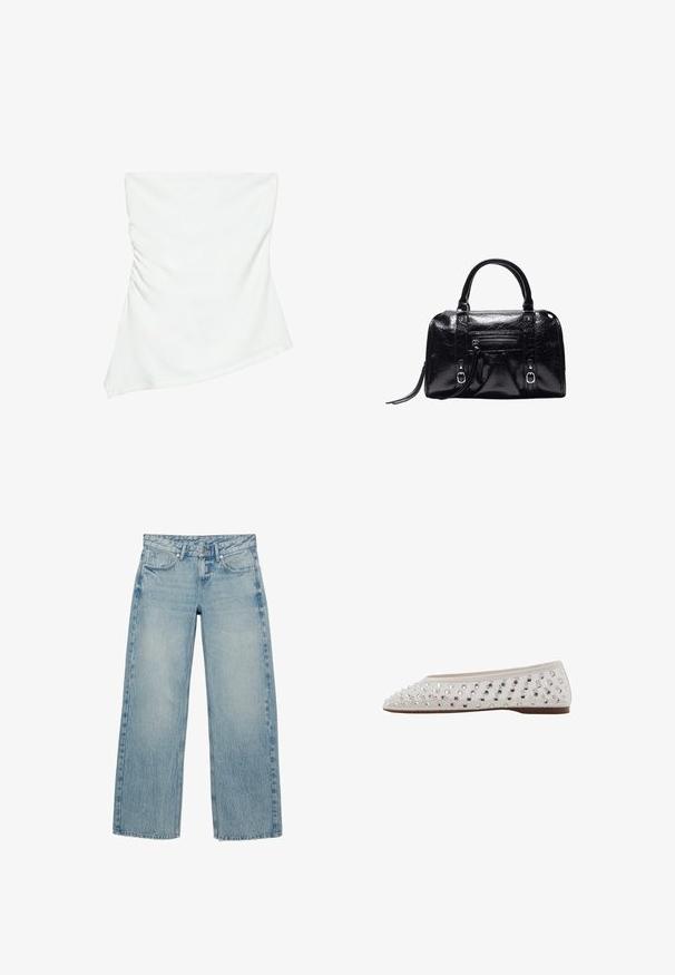 Hvid stropløs asymmetrisk top med let rynkedetalje på den ene side, figursyet stil, ren og minimalistisk design.; Lyseblå jeans med lige ben, frontknapper, bæltestropper og lommer, med en subtil falmet og krøllet denimtekstur.; Balletflad i cremefarvet stof med sølvfarvede palietter arrangeret i et prik mønster, rund tå og lav brun sål. Tekstureret overdel for ekstra detalje.; Sort skinnende læderhåndtaske med to håndtag, lomme med lynlås foran, spænde detaljer og et håndledsrem på hvid baggrund.