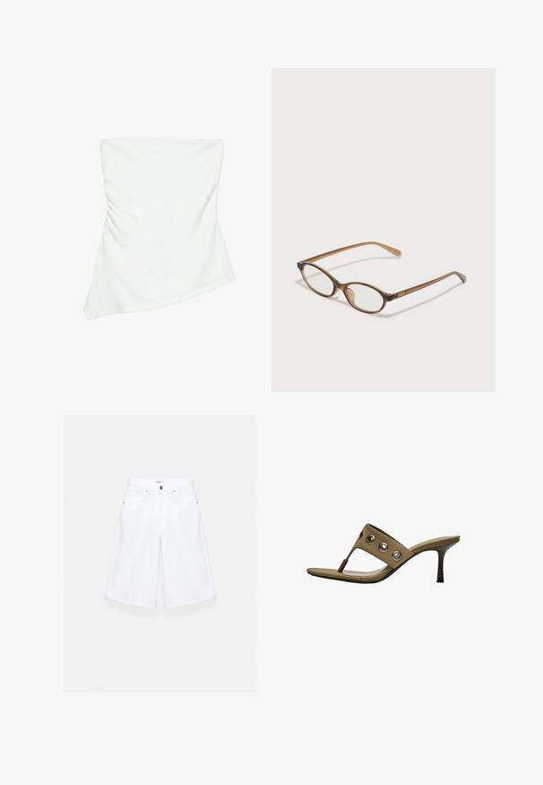 Haut blanc asymétrique sans bretelles avec un léger détail froncé sur un côté, style ajusté, design épuré et minimaliste.; Short en denim blanc jusqu'au genou avec poches avant, passants de ceinture et fermeture par bouton.; Sandale en daim marron à petit talon, avec attache pour l'orteil et quatre œillets métalliques sur la bride.; Lunettes en écaille de tortue marron avec des verres ovales, des branches fines et des accents transparents. Présente un logo subtil sur la branche. Design élégant et léger.