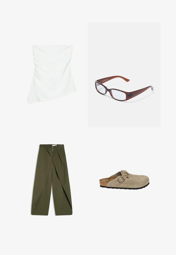 Hvid stropløs asymmetrisk top med let rynkedetalje på den ene side, figursyet stil, ren og minimalistisk design.; Olivengrønne bukser med vide ben, plisseret front, to sidelommer og knaplukning. Fremstillet i et struktureret stof.; Beige ruskindsklipklapper med rund tå, justerbar rem og spænde, kork-mellemsål og tekstureret sort gummisål for godt greb.; Brune-farvede rektangulære briller med en glat overflade, der har slanke arme og gennemsigtige linser. Logoet er synligt på venstre temple.