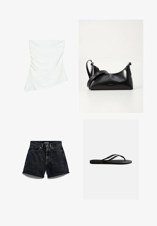 Weißes schulterfreies asymmetrisches Top mit leicht gerafften Details an einer Seite, figurbetonter Stil, sauberes und minimalistisches Design.; Schwarze Denim-Shorts mit hoher Taille, umgeschlagenen Säumen und Fünf-Taschen-Design. Mit Knopfverschluss und Kontrastnähten.; Schwarze Gummizehensandale mit strukturiertem Fußbett und dünnen, Y-förmigen Riemen vor einfachem weißem Hintergrund.; Schwarze lederne Handtasche mit glatter Textur. Verfügt über einen verstellbaren Riemen und ein elegantes, minimalistisches Design mit einem Reißverschluss.