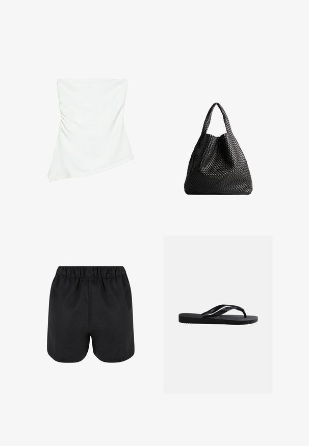 Hvid stropløs asymmetrisk top med let rynkedetalje på den ene side, figursyet stil, ren og minimalistisk design.; Sorte shorts med elastisk talje. Blødt stof, enkelt design og let afrundet kant nederst. Ingen synlige mønstre eller logoer.; Sort gummiplip-flops sandal med tekstureret sål og glatte remme, sidevisning på en ensfarvet lys grå baggrund.; Sort vævet totebag med to håndtag. Blød tekstur, afslappet design og en stor, rund form. Ingen synlige hardware eller accenter.