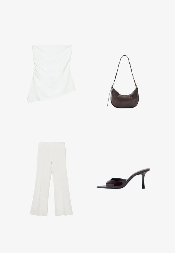 Hvid stropløs asymmetrisk top med let rynkedetalje på den ene side, figursyet stil, ren og minimalistisk design.; Hvide flagrende bukser med en glat tekstur og rene linjer, udstyret med en mellemhøj talje og uden synligt hardware eller mønstre.; Sort laklæder mule med åbent tåparti, slank mellemhøj stilethæl og lavt skåret overskrivebånd.; Mørkebrun læder skuldertaske med buet bund, justerbar rem, lynlås lukning og dekorative syninger.