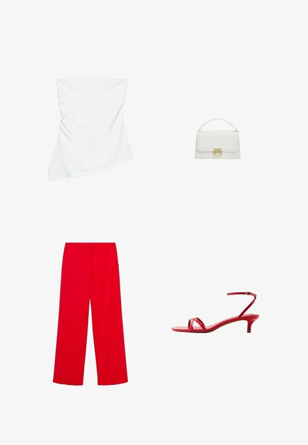 Hvid stropløs asymmetrisk top med let rynkedetalje på den ene side, figursyet stil, ren og minimalistisk design.; Røde, vide sweatpants lavet af blødt stof, med elastisk talje og snøre, samt to sidelommer for bekvemmelighed.; Rød læder lavhælet sandal med tynde stropper over tæerne og en ankestrop med spænde, vist fra siden på en hvid baggrund.; Hvid læderhåndtaske med en struktureret design, der har et håndtag på toppen og en guldfarvet spænde. Glat tekstur og minimalistische detaljer.