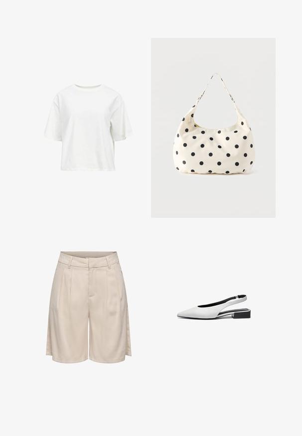 T-shirt blanc uni à manches courtes et col rond, avec une coupe décontractée et des épaules légèrement tombantes, présenté sur un fond blanc.; Shorts beiges taille haute, confectionnés sur mesure, avec passants pour ceinture, plis sur le devant et fentes latérales, présentés sur fond blanc.; Bottines plates en cuir blanc avec un bout pointu, design ouvert à l'arrière et un petit talon bloc noir. Texture lisse, accents minimalistes.; Sac à main en tissu crème avec des pois noirs et une seule bandoulière, présenté sur un fond blanc uni.