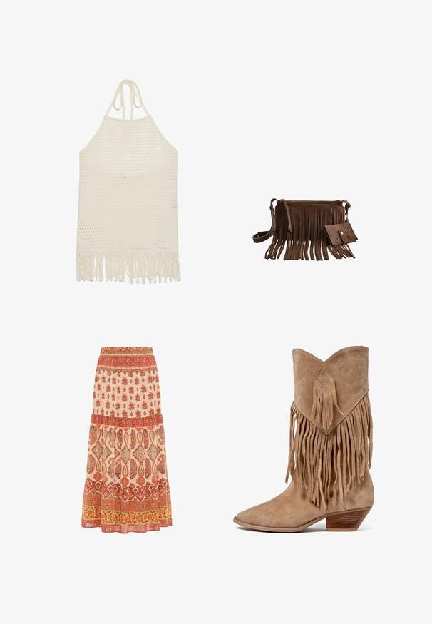 Häkeltop im Off-White mit strukturiertem, offenem Gewebe und fransigem Saum. Hergestellt aus weichem Garn für Komfort und Atmungsaktivität.; Langer Rock mit roten, orangen und gelben floralen und geometrischen Mustern in horizontalen Abschnitten auf beigem Hintergrund.; Schwarze Wildleder-Cowboy-Stiefel mit fransigen Akzenten, spitz zulaufender Zehenpartie und einem niedrigen gestapelten Absatz. Verfügt über ein rautenförmiges Patch am Schaft.; Braune Wildleder-Umhängetasche mit langen Fransen und passendem kleinem Portemonnaie, beide mit goldfarbenen Beschlägen.