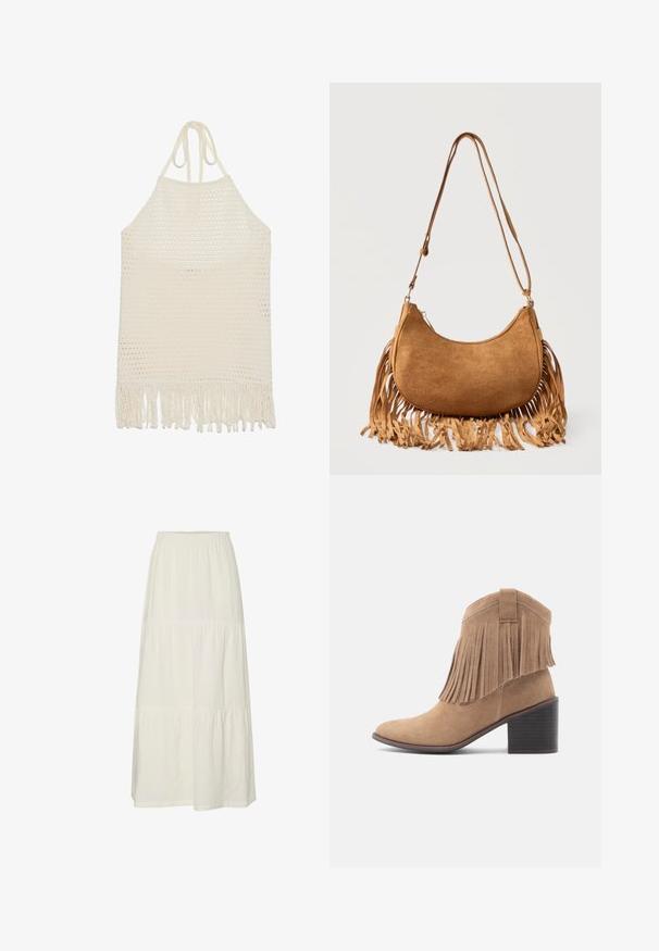 Hæklet halterneck-top i off-white, med en struktureret åben vævning og frynset kant. Lavet af blødt garn for komfort og åndbarhed.; Hvid, lagdelt maxiskørt lavet af let, struktureret stof med elastisk talje. Har tre forskellige stofsektioner.; Beige ruskinds-ankelstøvle med rundet tå og frynset overdel. Har en mellemhøj blokhæl og et robust design med en løkke detalje bagpå.; Brun ruskinds skuldertaske i halvmåneform med lang rem og frynser langs de nederste kanter mod en hvid baggrund.