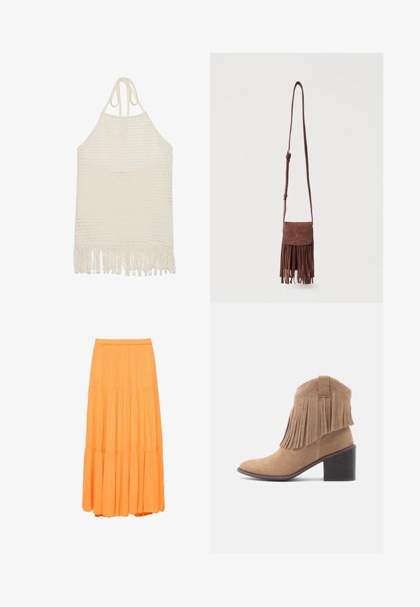 Haut halter au crochet en blanc cassé, présentant un tissage ouvert texturé et un ourlet à franges. Fabriqué en fil doux pour le confort et la respirabilité.; Jupe longue orange à plusieurs volants avec une ceinture élastique et des panneaux de tissu froncés créant une silhouette fluide.; Bottine en daim beige avec un bout arrondi et un dessus à franges. Dotée d'un talon bloc de hauteur moyenne et d'un design robuste avec un détail en boucle à l'arrière.; Sac bandoulière en suède marron avec longue sangle, motif décoratif cousu sur le rabat, et franges pendantes le long du bord inférieur.