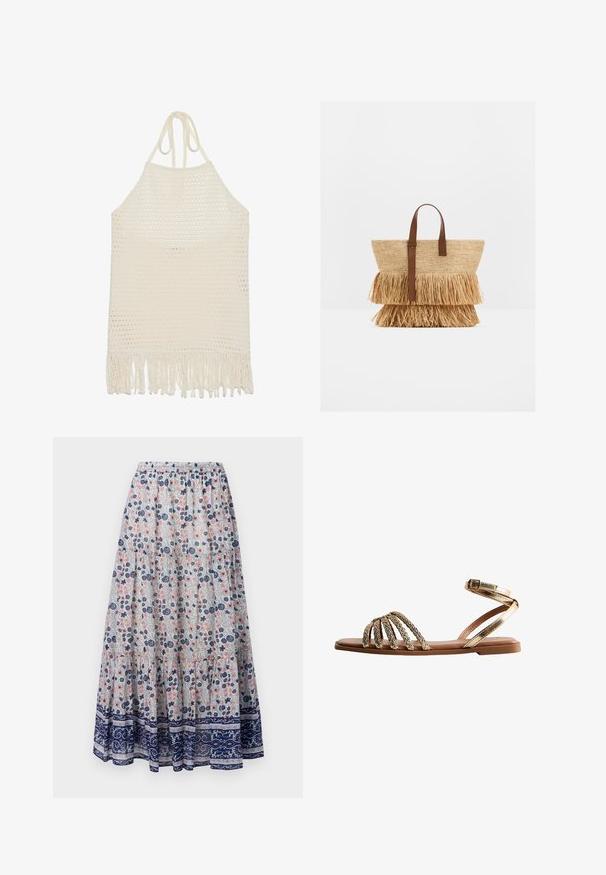 Haut halter au crochet en blanc cassé, présentant un tissage ouvert texturé et un ourlet à franges. Fabriqué en fil doux pour le confort et la respirabilité.; Jupe maxi florale avec un fond gris, présentant des fleurs roses et bleues, un design à volants, et un ourlet à motifs navy. Taille élastique.; Sandale plate avec semelle couleur cuir, lanières torsadées en métal doré sur les orteils, et bride de cheville métallique dorée avec fermeture par boucle.; Sac cabas en paille tissée avec deux couches de franges en paille et des poignées en cuir marron, debout sur une surface blanche.
