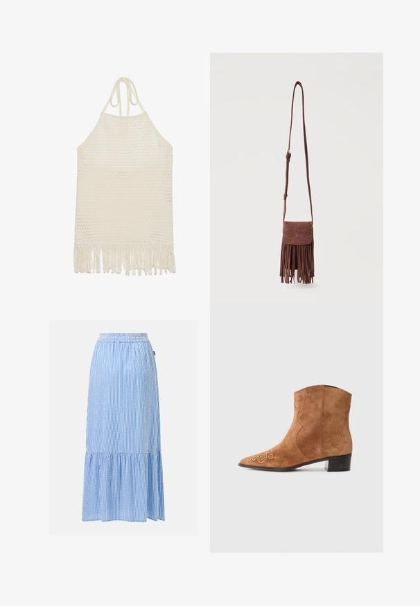 Haut halter au crochet en blanc cassé, présentant un tissage ouvert texturé et un ourlet à franges. Fabriqué en fil doux pour le confort et la respirabilité.; Jupe midi à rayures verticales bleu clair et blanc avec taille élastique et détail volanté à l'ourlet sur fond uni.; Bottine en suède marron avec un bout-pointu, motif décoratif en perles dorées, design à bords festonnés et un petit talon empilé.; Sac bandoulière en suède marron avec longue sangle, motif décoratif cousu sur le rabat, et franges pendantes le long du bord inférieur.