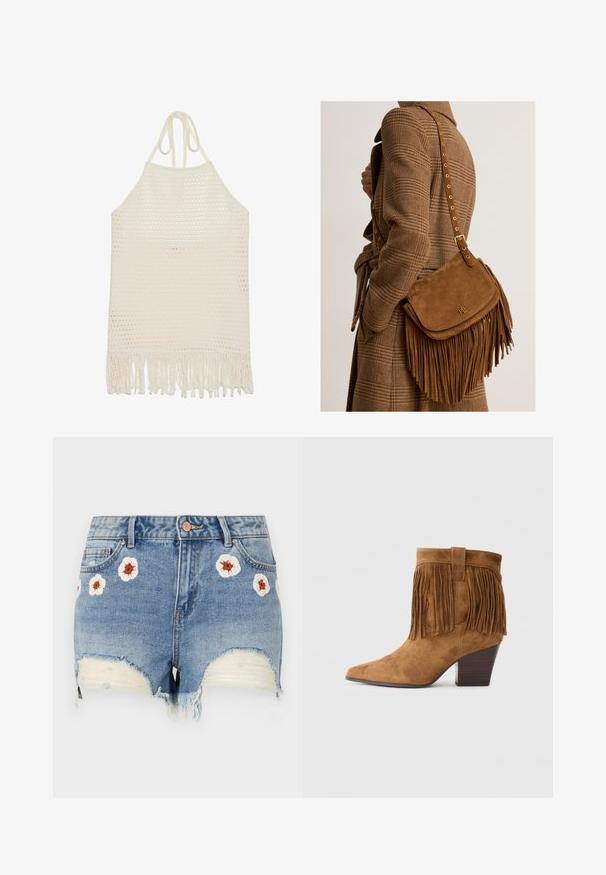 Haut halter au crochet en blanc cassé, présentant un tissage ouvert texturé et un ourlet à franges. Fabriqué en fil doux pour le confort et la respirabilité.; Shorts en denim avec un ourlet effiloché, de couleur bleu clair, ornés de broderies florales blanches et brunes sur le devant. Design à cinq poches.; Bottine en cuir suédé marron avec un bout pointu, des franges au col et un talon en bois empilé. Texture lisse sur l'ensemble.; Personne portant un manteau marron à carreaux porte un sac à bandoulière en daim marron avec des franges, une bandoulière réglable et de petites initiales dorées du logo.