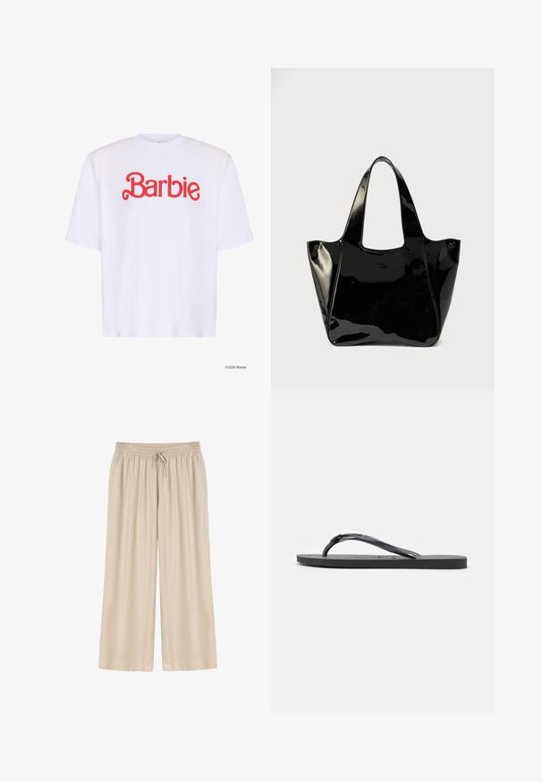 Λευκό T-shirt με κοντά μανίκια και κόκκινο κείμενο "Barbie" στο κέντρο μπροστά, σε χαριτωμένη, καλλιγραφική γραμματοσειρά.; Μπεζ παντελόνι με φαρδιά μπατζάκια, ελαστική μέση και κορδόνι, από ελαφρύ ύφασμα, κατάλληλο για καθημερινή χρήση.; Μαύρο λαστιχένιο σανδάλι τύπου σαγιονάρα με υφή στη σόλα και λουράκι σε σχήμα Υ, εμφανίζεται από το πλάι σε λευκό φόντο.; Μαύρη λαμπερή τσάντα tote από δέρμα πατέντας με φαρδιές λαβές και μικρό οβάλ λογότυπο στο μπροστινό μέρος, παρουσιασμένη σε απλό φόντο.