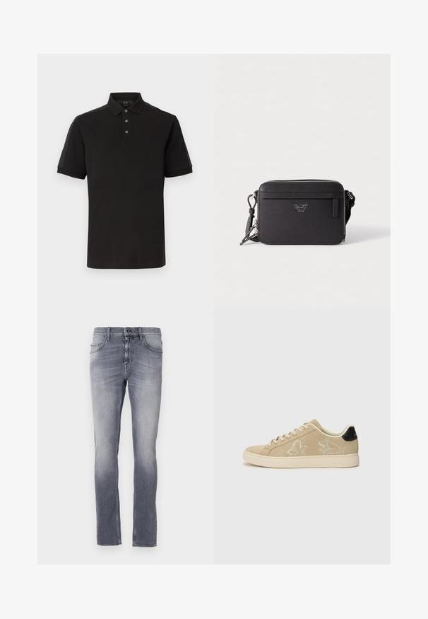 Sort kortærmet polo-shirt med tre knapper, klassisk krave og diskrete tone-i-tone detaljer på skuldre og ærmer.; Grå denimjeans med en falmet vask, straight-leg design, fem lommer, bæltestropper og en metalknaplukning i taljen.; Beige ruskindsneakers med hvid blomsterbroderi, rund tå, flad gummisål og sort hælakkent. Snørebånd og syede detaljer på siderne.; Sort tekstil crossover-taske med lynlåslukning, der har en frontlomme, logo-detalje og justerbar rem. Tekstureret overflade, rektangulær form.