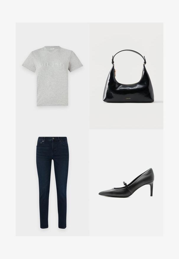 Graues Baumwoll-T-Shirt mit kurzen Ärmeln, klassischem Rundhalsausschnitt und funkelnden Strassdetails in einem gebogenen Textdesign auf der Vorderseite.; Dunkelblaue Jeans mit schmaler Passform, ausgestattet mit einem Fünf-Taschen-Design, Knopfverschluss und dezenten Nähdetails. Glatte Textur über die gesamte Fläche.; Schwarzer Leder-Pumps mit spitzer Zehenpartie, dünnem Riemen und Schnalle über dem Spann, stehend auf hellem neutralem Hintergrund.; Schwarze, glänzende Calvin Klein Handtasche mit goldfarbenem Reißverschluss und kurzem Trageriemen vor schlichtem weißem Hintergrund.