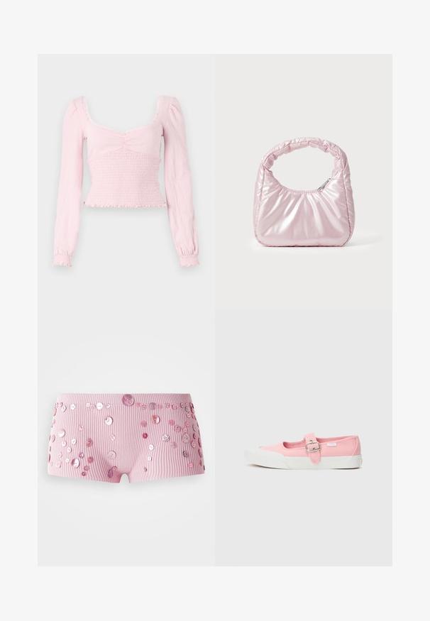 BDG Urban Outfitters SYDNEY - Camiseta de manga larga - pink; Pantalones cortos de color rosa con canalé adornados con botones brillantes de diferentes tamaños esparcidos por la tela.; Zapatilla de lona rosa con suela plana, que presenta una correa y hebilla en la parte media del pie. Suela de goma blanca con un diseño limpio y simple.; Bolso de mano acolchado en color rosa con un diseño redondeado, fabricado en material brillante. Presenta un asa fruncida y un cierre de cremallera para un acceso seguro.
