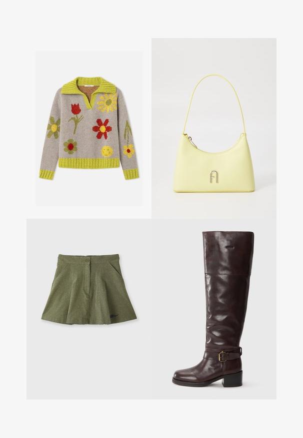 Beige striktrøje med limegrøn krave, manchetter og kant, dekoreret med farverige blomster og et gult smiley-ansigt.; Nike Sportswear X NAOMI OSAKA SKIRT - Mini skirts - medium olive/blackened blue; Brune læderstøvler over knæet med en rund tå, en bred skafter, en spænde-rem ved anklen og en lav blokhæl.; Gul kunstlæder håndtaske med en glat tekstur, rund form og en slank skulderrem; har et metallisk "A" logo på fronten.