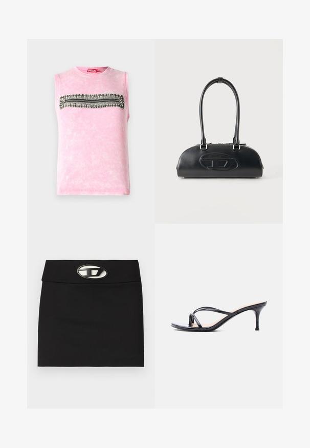 T-shirt sans manches en coton rose avec une rayure horizontale noire et blanche à travers la poitrine. Encolure ronde, texture douce.; Mini-jupe noire avec une taille plate. Dotée d'une boucle logo métallique proéminente à l'avant. Fabriquée en tissu lisse sans motifs visibles.; Sandale à talon en cuir verni noir avec fines lanières croisées et talon aiguille moyen et élancé sur fond blanc.; Sac à main en cuir noir avec longues poignées doubles et logo ovale embossé sur le devant, présenté sur un fond clair uni.