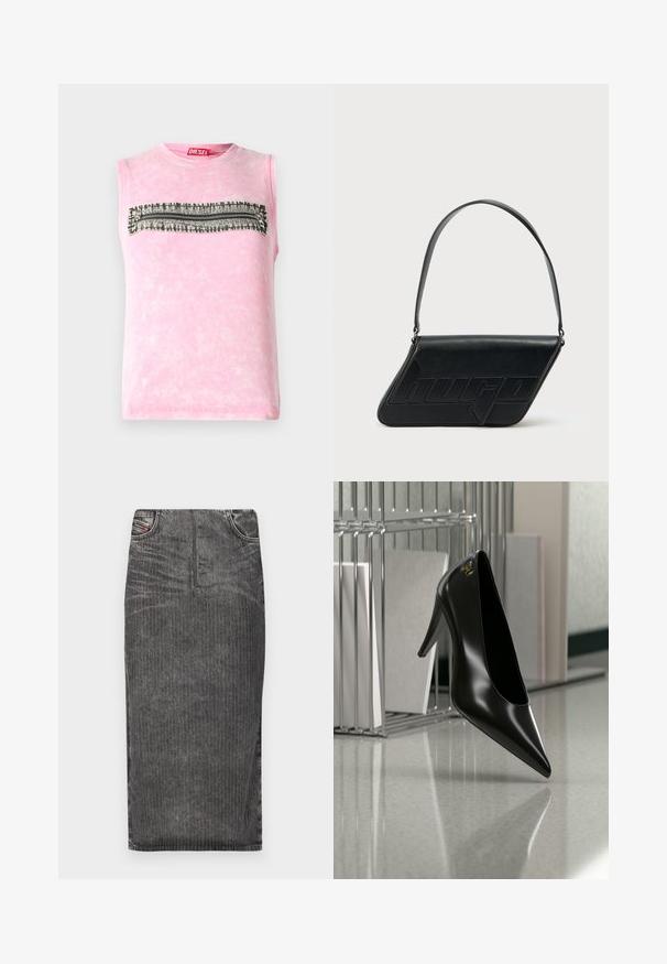 Subløs pink bomulds t-shirt med en vandret sort-hvid mønsterstripe hen over brystet. Rund halsudskæring, blød tekstur.; Grå denim midi-skjørt med vertikale striber, med høj talje, fem lomme-design og en ren kant.; Sort højhælet sko med spids tå og guldlogo, placeret på en reflekterende overflade nær en krom trådfilholder med dokumenter.; Sort skuldertaske i læder med trekantet form, præget logo og en enkelt justerbar rem. Minimalistisk design med glat tekstur.