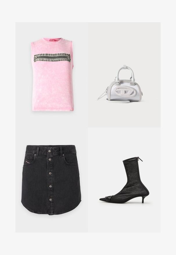 Subløs pink bomulds t-shirt med en vandret sort-hvid mønsterstripe hen over brystet. Rund halsudskæring, blød tekstur.; Sort denim miniskørt med frontmetalknapper, to forlommer, bæltestropper og buet kant.; Sorte mesh ankelstøvler med spidse tæer, lynlås og en lille hæl. Har en dekorativ spændeaccent nær tåområdet.; Lille hvid håndtaske med dobbelt håndtag, ovalt syet logo foran og aftagelig håndledsrem på lys baggrund.