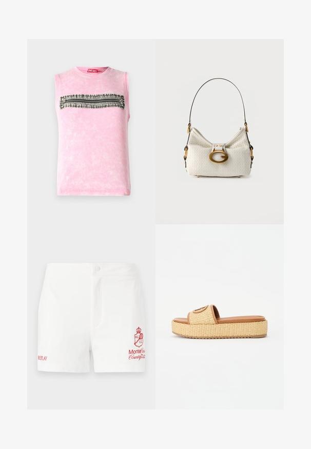 Mouwloze roze katoenen t-shirt met een horizontale zwart-witte gestreepte band over de borst. Ronde halslijn, zachte textuur.; Witte katoenen shorts met een voorknopsluiting, zijzakken en een rood geborduurd logo van de Monte Carlo Country Club met de merknaam.; Geweven stro slide sandalen met een tan kleurige faux leren band en een platformzool, voorzien van een textuur en een cirkelvormig accentdetail.; Witte gestructureerde lederen schoudertas met gebogen zwarte band en grote gouden ovale gesp op de voorklep.