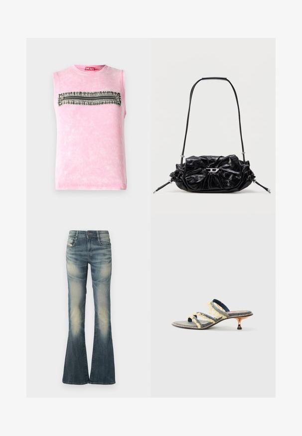 Ärmelloses pinkes Baumwoll-T-Shirt mit einem horizontalen schwarz-weißen Musterstreifen über der Brust. Rundhalsausschnitt, weiche Textur.; Jeans aus Denim mit ausgestelltem Bein in verblasstem Blau und leichter Used-Optik. Mit einer vorderen Knopfverschlusss, fünf Taschen und einer Taille mit mittlerer Bundhöhe.; Denim-Slidesandale mit drei gelben, ausgefransten Riemen, einer leicht spitzen Zehenpartie und einem metallischen Kitten-Heel. Flache Sohle mit dekorativer Naht.; Schwarze Lederhandtasche mit gerafftem Design und Schleifendetail auf der Vorderseite. Verfügt über einen kurzen Griff und silberne Hardware-Akzente.