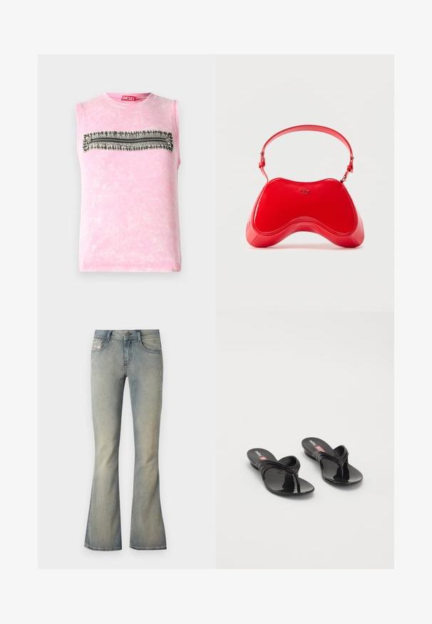 Subløs pink bomulds t-shirt med en vandret sort-hvid mønsterstripe hen over brystet. Rund halsudskæring, blød tekstur.; Lys blå denim flared jeans med en mid-rise talje, subtilt slid og standard fem-lomme design. Har en front knaplukning.; Melissa QUANTUM THONG X DIESEL - Sandaler m/ tåsplit - black; Rød taske i laklæder med en buet, ergonomisk form, der har en tynd justerbar rem og en diskret logodetalje foran.