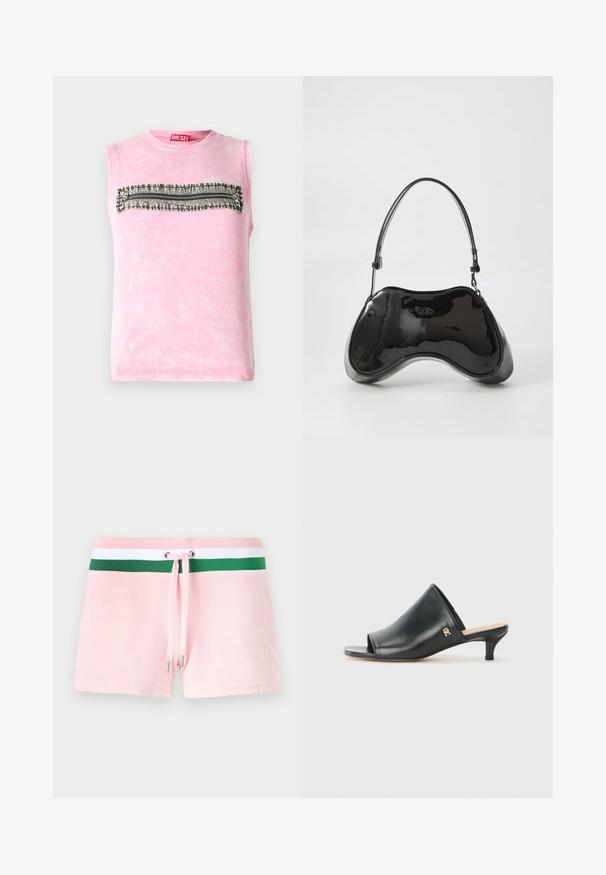 Mouwloze roze katoenen t-shirt met een horizontale zwart-witte gestreepte band over de borst. Ronde halslijn, zachte textuur.; Roze katoenen shorts met een groen-witte gestreepte tailleband, voorzien van een trekkoord en zilveren metalen uiteinden. Subtiele logo borduursel aan de zijkant.; Zwarte leren open teen muiltjes met een lage hak. Heeft een glad oppervlak en een gouden logo accent aan de zijkant.; Zwarte gepatenteerde leren handtas met een unieke gebogen vorm, korte verstelbare handgreep en een ritsopening. Glad uiterlijk met subtiele branding.