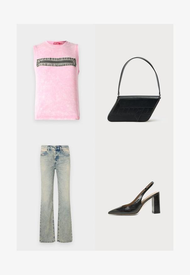 Mouwloze roze katoenen t-shirt met een horizontale zwart-witte gestreepte band over de borst. Ronde halslijn, zachte textuur.; Lichtblauwe uitlopende jeans van denim, met een vijf-pocket ontwerp, stikdetails en een reguliere tailleband met een knoopsluiting.; Zwarte leren slingback schoen met puntige neus, blokhak en klein logo aan de zijkant, op een effen witte achtergrond.; Zwarte leren schoudertas met een driehoekige vorm, geperst logo en een enkele verstelbare riem. Minimalistisch ontwerp met een gladde textuur.