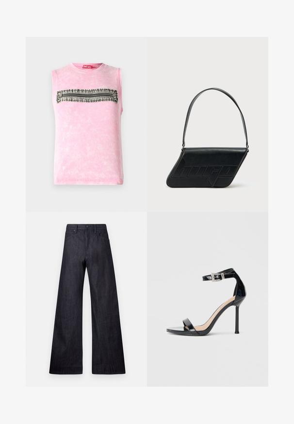 Subløs pink bomulds t-shirt med en vandret sort-hvid mønsterstripe hen over brystet. Rund halsudskæring, blød tekstur.; Bredde ben mørke denim jeans med en glat tekstur, traditionelt fem-lomme design og en subtil glans med en knaplukning.; Sort højhælet sandal i laklæder med ankelrem. Har minimalistisk design, åben tå og spænde med rhinsten-detaljer.; Sort skuldertaske i læder med trekantet form, præget logo og en enkelt justerbar rem. Minimalistisk design med glat tekstur.