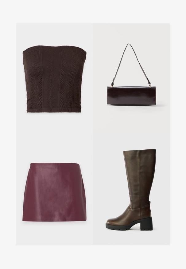 Haut tube marron foncé sans bretelles avec des motifs tricotés floraux et géométriques texturés en rayures verticales.; Mini jupe en cuir bordeaux lisse avec une coupe droite et sans embellissements ni fermetures visibles.; Bottine en cuir marron jusqu'au genou avec un talon épais noir et une finition texturée. Présente un bout rond et des détails de couture latérale subtils.; Sac à main rectangulaire en cuir noir avec une longue bandoulière unique et une finition brillante, présenté sur un fond blanc uni.