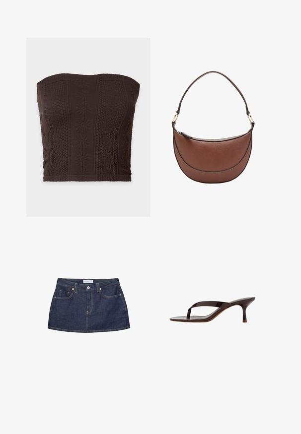 Haut tube marron foncé sans bretelles avec des motifs tricotés floraux et géométriques texturés en rayures verticales.; Minijupe en denim bleu foncé avec bouton sur le devant, poches, passants de ceinture et coutures orange visibles sur fond blanc.; Sandale à talon en cuir verni noir avec bride entre les orteils et un talon petit kitten élancé de hauteur moyenne, vue de côté sur fond blanc.; Sac à bandoulière en cuir marron de forme courbée, avec une anse fine et des coutures contrastées. Il dispose d'une fermeture éclair et de détails en métal doré.