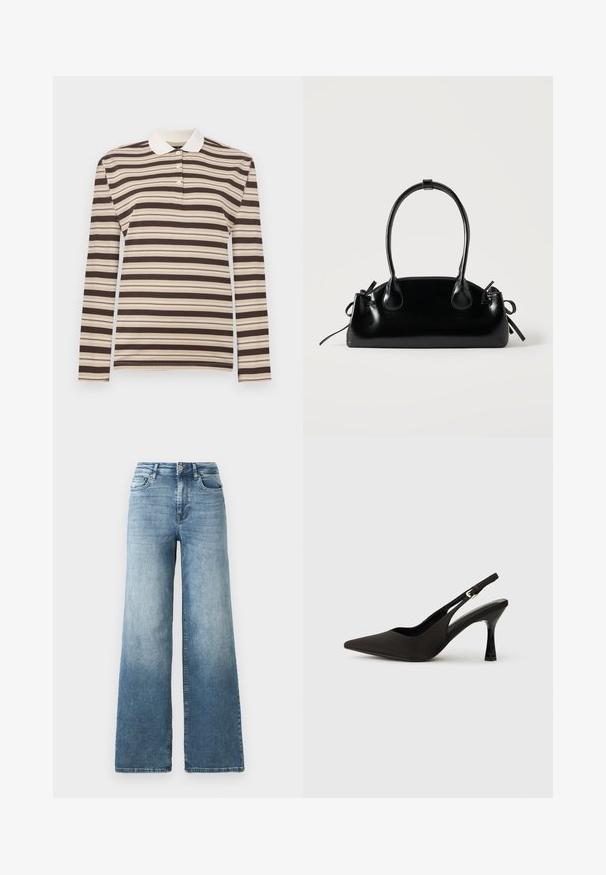Polo à manches longues rayé marron et beige, avec un col traditionnel et une patte de boutonnage à trois boutons ; fabriqué en tissu doux.; Jean en denim à jambes larges dans un délavage bleu clair, avec une taille haute, un design à cinq poches et un léger dégradé sur le tissu. Fermeture classique à bouton en métal.; Chaussures à talons noires avec une bride, à bout pointu, finition mate lisse et talon fin brillant. Sangle ajustable avec petit détail de boucle.; Petit sac à main noir brillant avec deux longues anses et des détails à cordon sur les côtés sur un fond clair uni.