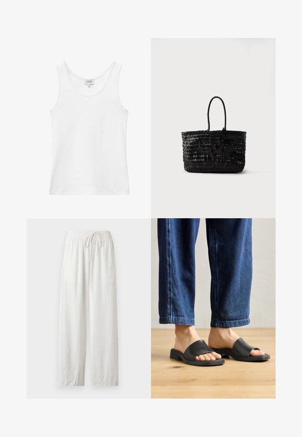 Débardeur blanc côtelé sans manches avec encolure ronde et étiquette de marque à l'arrière, à l'intérieur du col.; Pantalon ample en lin blanc avec taille élastique et cordon, présenté à plat sur un fond neutre.; Des sandales noires à enfiler en matériau lisse, avec un bout ouvert et une large bande supérieure, sur un pantalon en denim foncé à coupe droite.; Sac fourre-tout en cuir tressé noir avec deux poignées arrondies, debout sur un fond blanc uni.
