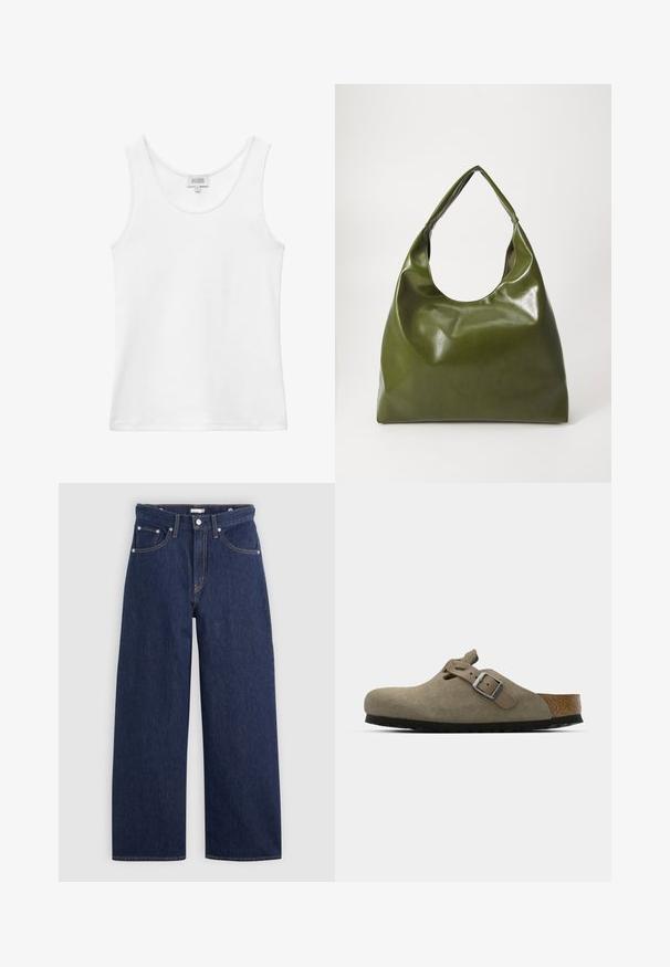 Débardeur blanc côtelé sans manches avec encolure ronde et étiquette de marque à l'arrière, à l'intérieur du col.; Jeans en denim bleu foncé à jambes larges avec une taille haute, dotés de cinq poches, passants de ceinture et détails de couture en cuivre. Texture lisse.; Sabots en velours côtelé vert olive clair avec une semelle en liège et en caoutchouc moulée. Dispose d'une sangle latérale avec une boucle en métal et d'un bout arrondi.; Sac hobo en cuir vert au design décontracté, avec une poignée incurvée et une texture lisse. Ne contient aucun matériel ou accent visible.