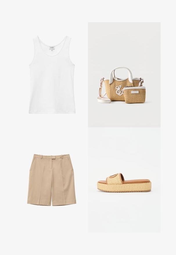 Wit geribbeld mouwloos tanktopje met ronde halslijn en merklabel aan de achterkant binnenin de kraag.; Beige shorts met hoge taille, riemlussen, voorplooien, zijzakken en een verborgen ritssluiting aan de voorkant.; Geweven stro slide sandalen met een tan kleurige faux leren band en een platformzool, voorzien van een textuur en een cirkelvormig accentdetail.; Twee beige gevlochten tassen met witte leren accenten, één met handvatten en een riem, de kleinere met een ritssluiting en een merkembleem.