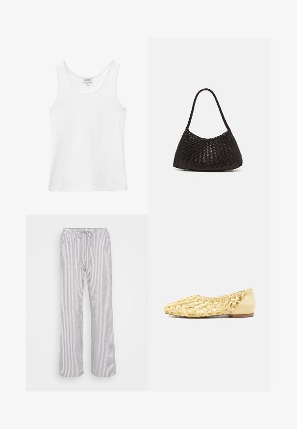 Débardeur blanc côtelé sans manches avec encolure ronde et étiquette de marque à l'arrière, à l'intérieur du col.; Pantalon rayé gris clair avec une taille élastique, fermeture à cordon de serrage et une coupe large. Fabriqué à partir d'un tissu doux et respirant.; Chaussure plate en cuir tressé jaune clair avec talon fermé et design en treillis ouvert, adaptée pour un usage décontracté.; DRAGON DIFFUSION ROSANNA - Sac à main - dark brown