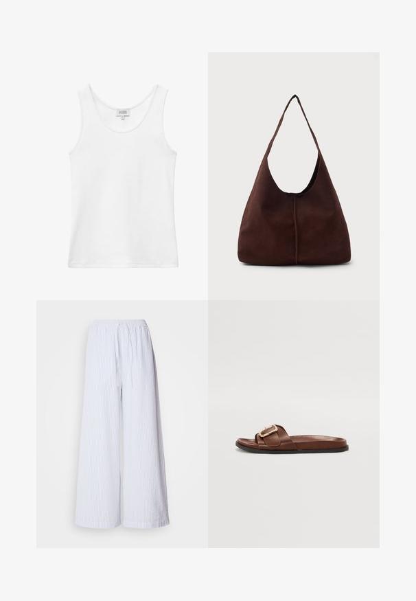 Camiseta sin mangas blanca acanalada con escote redondo y etiqueta de la marca en la parte trasera del interior del cuello.; Pantalones de pierna ancha blancos con rayas azul claro, con cintura elástica ajustable y una tela texturizada.; Sandal de cuero marrón deslizante con una banda ancha y un acento de hebilla dorada, suela plana y textura suave.; Bolso hobo de ante marrón con una gran apertura curvada y una amplia correa para el hombro. Presenta una costura centrada en la parte frontal. Textura suave.