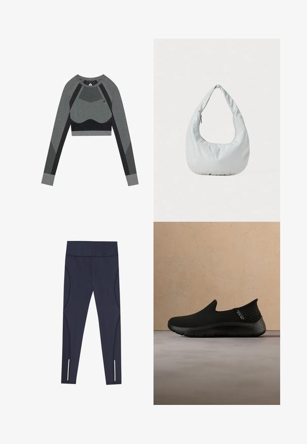 Sivý dlhý rukáv crop top s priliehavým strihom. Obsahuje sieťové akcenty, jednofarebné čierne panely a textúrovanú tkaninu pre lepšiu priedušnosť.; Námornícke modré legíny vyrobené z elastickej tkaniny, s vysokým pásom a zakrivenými bočnými švami, s reflexnými prvkami na okrajoch členkov.; Čierne topánky na nazutie s vrškom z oka, textúrovaným pätovým dielom a flexibilnou podrážkou. Ľahký dizajn. Pozadie obsahuje jemné neutrálné tóny.; Mäkká, svetlošedá hobo taška vyrobená z syntetického materiálu. Obsahuje jeden polstrovaný popruh a bočné vrecko so zipsom.