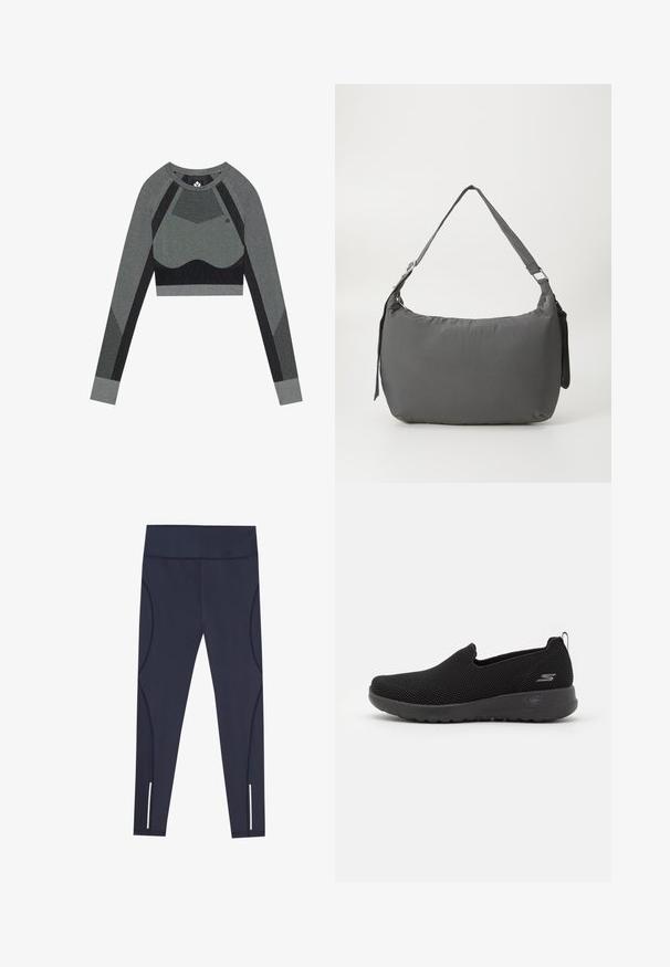 Crop top gris à manches longues au design ajusté. Présente des accents en mesh, des panneaux noirs unis et un tissu texturé pour une meilleure respirabilité.; Leggings bleu marine en tissu extensible, dotés d'une taille haute et de coutures latérales arrondies, avec des accents réfléchissants au niveau des ourlets des chevilles.; Baskets noires à enfiler en matériau maillé respirant, présentant un dessus texturé, une semelle rembourrée et un petit logo sur le côté.; Sac à épaule en tissu gris rembourré avec une forme incurvée, une texture lisse, une bandoulière ajustable et un logo subtil en relief à l'avant.