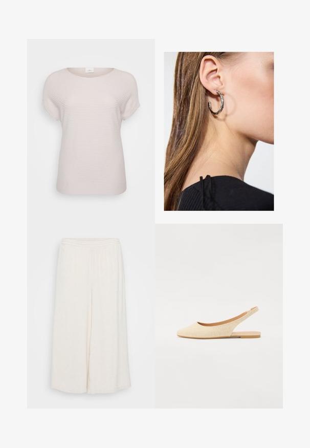 Lys beige ribbet t-shirt med korte ærmer, der har en rund halsudskæring og en afslappet pasform, lavet af blødt, struktureret stof.; Hvide linned culotter med elastisk talje, brede ben og en tekstureret overflade. Beklædningen har en løs, afslappet pasform for komfort.; Beige slingback flade med spids tå, lavet af struktureret stof, med en lav og fleksibel sål og et åbent hældesign.; Sølv hoop ørestik med en poleret overflade, prydet med små guld accenter og en rund form, båret på øreflippen.