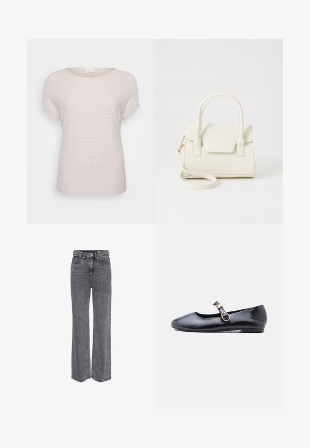 Lys beige ribbet t-shirt med korte ærmer, der har en rund halsudskæring og en afslappet pasform, lavet af blødt, struktureret stof.; Grå denimjeans i høj talje og med lige ben, med frontknap, lynlåslukning og klassisk design med fem lommer.; Sort læder flad Mary Jane sko med blomsterformet guldbeslag og to blomsterdekorationer på rem, vist fra siden.; Lille hvid håndtaske med dobbelte håndtag, frontklap og aftagelig skulderrem med guldlås på hvid baggrund.