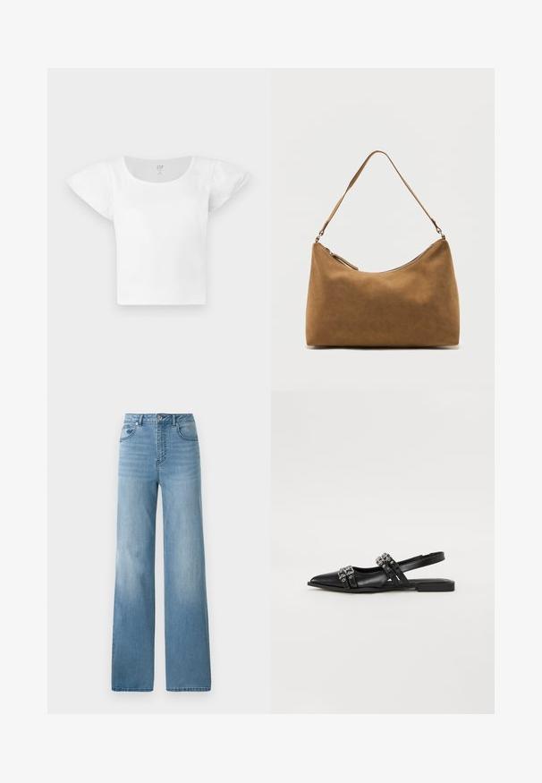 Biely krátky rukávový crop top s nadýchanými ramenami a okrúhlym výstrihom, vyrobený z rebrovanej látky, značky GAP vo veľkosti M.; Svetlomodré džínsy s vysokým pásom a rovnými nohavicami. Vyrobené z denimu, majú päť vreciek a zapínanie na gombíky.; Even&Odd by Zalando Balerínky na šnúrky - black; Hnedá semišová taška cez rameno s jedným remienkom a horným zipsovým zatváraním, zobrazená na jednoduchom bielom pozadí.